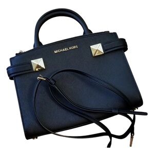 Michael Kors Navy Leather Satchel with Gold Accents